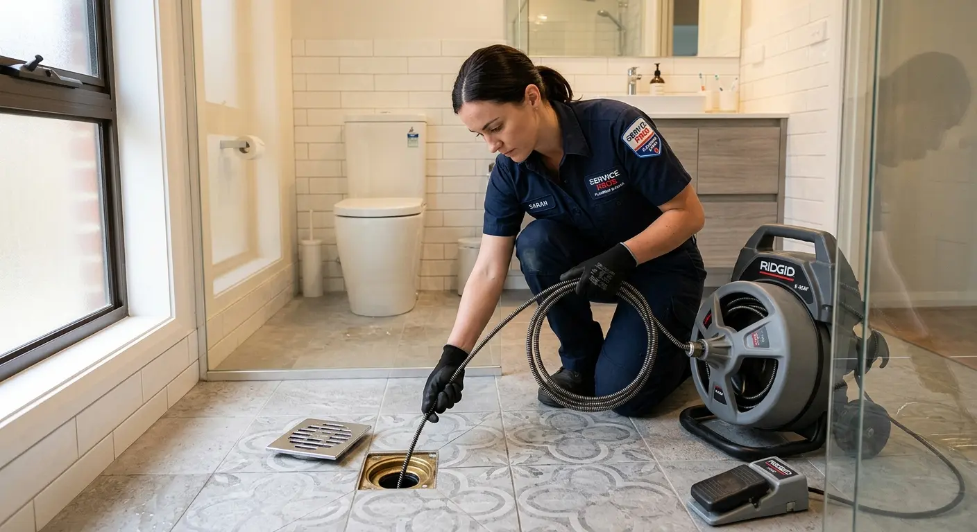 Technician clearing a bathroom floor drain for Sewer Line Replacement in Palm Bay